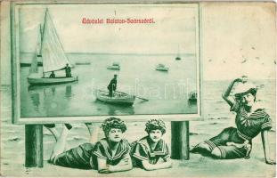 1912 Balatonszárszó, csónakázók. Montázs hölgyekkel korabeli fürdőruhában