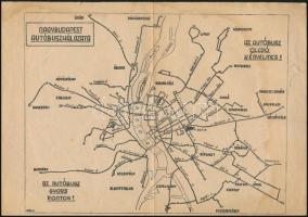 1949 Nagybudapest autóbuszhálózata, térkép, menetrenddel, szakadással, 21×29 cm