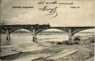 1906 Szeged, Vasúti híd, gőzmozdony, faúsztatás (EK)