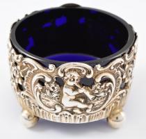 Ezüst (Ag.) fűszertartó, üveg betéttel, kiskanállal, jelzettek, bruttó 71,7 g