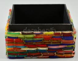 Muránói millefiori berakásos fa doboz, jelzés nélkül, néhány mozaik hiányzik, 10,5×10,5 cm