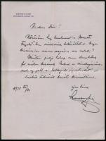 1935 Hoepfner Guidó (1868-1945) építész, felsőházi tag saját kézzel írt levele