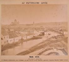 1876 Beszédes Sándor (1831-1889): 11 db fényképe az esztergomi 1876-os árvízről. (1876. február 24-március 12.) ,,Az esztergomi árvízkárosultak javára fényképezte s az egész teljes jövedelmet ugyanazok segélyezésére felajánlotta Beszédes Sándor fényképész. (A város ház, Párkány, Szérűs kertek, Vízi város a kis Duna mentében, Duna utca, Szigeti kertek, Széchényi tér, Kis-piarcz, Buda utca, Tabán város rész a kerek templomból, Tabáni város rész.) Beszédes Sándor (1831-1889): Esztergom fényképésze 1868-tól halálig, a városi képviselő testület tagja, az Esztergom és Vidéke c. lap munkatársa, műtárgyfotós. Az általa ,,fényvésetnek nevezett kőnyomatos sokszorosítási eljárásra az Osztrák-Magyar Monarchia területére szóló szabadalmat kapott, és találmányával elnyerte az 1873-as bécsi világkiállítás érmét. 1875-76 tele rendkívül csapadékos volt, amely jelentős árhullámot eredményezett több magyarországi folyón. 1876 február-márciusában levonuló dunai árvíz Esztergomban is jelentős károkat okozott. Beszédes Sándor, a város országos hírű fényképésze, rendületlen járta város utcáit és több fényképet készített az árvízről. Később az árvízkárosultak megsegítésére árvízi albumot adott ki.  Összesen: 11 db fotó, fotó feliratozott kartonon, két karton szélén kis sérüléssel, egy karton felületén kis sérüléssel, kis foltokkal, hullámos kartonokkal, 24,5x 19 cm.