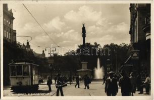 1931 Graz, Bismarckplatz / square, tram, fountain, shops. Verlag L. Strohschneider (EK)