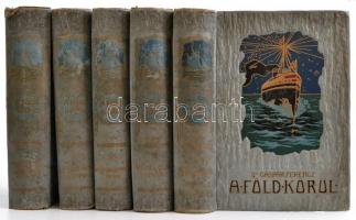Dr. Gáspár Ferencz: A Föld körül. Összesen  I.-V. Kötet. A VI-VII. Kötet nélkül. Vámbéry Ármin előszavával. Budapest, 1906-1908, Singer és Wolfner, 588+544+479+1+479+1+588+499 p.  Nagyon sok képpel, illetve mellélettel illusztrált. Kötetei egységes, festett, illusztrált, dombornyomásos, aranyozott, kiadói egészvászon kötésben, kopott, foltos borítóval, egy kötet gerincén sérüléssel, megviselt állapotban.
