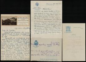 cca 1911-1936 Hotelek fejléces levélpapírjaira írt levelek és menükártya, 7 db