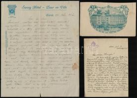 cca 1911-1936 Hotelek fejléces levélpapírjaira írt levelek és menükártya, 7 db