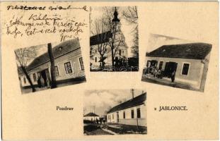 Jablánc, Nyitra-Jablonic, Jablonica; Római katolikus templom, üzlet, utcakép / Catholic church, shop, street views