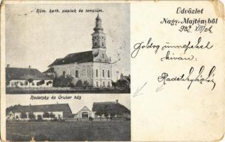 1902 Nagymajtény, Moftinu Mare; Római katolikus paplak és templom, Radetzky és Gruber ház. Radetzky László levele / church and rectory, villas. Letter of one of the villa owners (szakadás / tear)