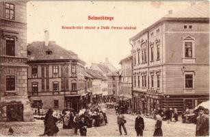 1907 Selmecbánya, Schemnitz, Banská Stiavnica; Kossuth tér, Deák Ferenc utca, Herczog M., Pantyik Pál üzlete, piaci árusok. Kiadja Grohmann 172. / square, street view, shops, market vendors (EK)