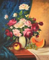 Púza Sándor (?-?): VIrágos-gyümölcsös csendélet, olaj, vászon, jelzett, fa keretben, 59×49 cm