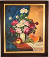 Púza Sándor (?-?): VIrágos-gyümölcsös csendélet, olaj, vászon, jelzett, fa keretben, 59×49 cm