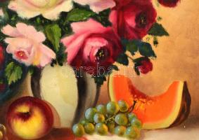 Púza Sándor (?-?): VIrágos-gyümölcsös csendélet, olaj, vászon, jelzett, fa keretben, 59×49 cm