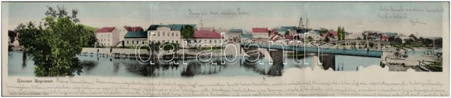 1907 Ungvár, Uzshorod, Uzhorod; kihajtható 3-részes panorámalap, híd. Kiadja Mandula Ignác / foldable 3-tiled panoramacard with bridge