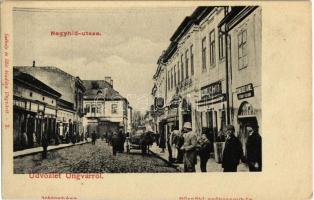 Ungvár, Uzshorod, Uzhorod; Nagyhíd utca, Rosenberg Dávid, Grünberger Dániel üzlete. Kiadja Székely és Illés / street view, shops