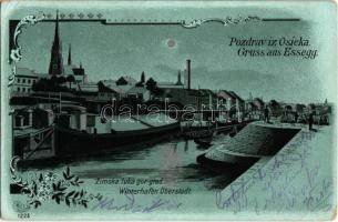 1902 Eszék, Osijek, Esseg; Téli kikötő / Zimska luka gor grad / Winterhafen Oberstadt / winter port. Art Nouveau, floral, litho (EK)