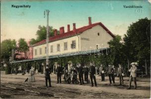 1915 Nagymihály, Michalovce; Vasútállomás, vasutasok, hajtány / Bahnhof / railway station, handcar, railwaymen (EK)