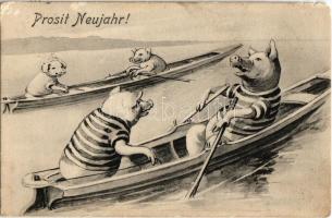 Prosit Neujahr! / New Year greeting, pigs rowing. J. & A. i. B. 503. (surface damage)