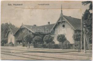 Pécska, Petschka, Pecica; vasútállomás. leporellolap belül a zsinagóga, Heller szálló, Reiner palota, Kaszinó. Ruber István kiadása / Bahnhof / railway station. leporellocard with synagogue, hotel, palace and casino (fl)