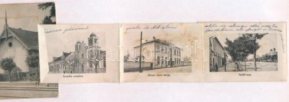 Pécska, Petschka, Pecica; vasútállomás. leporellolap belül a zsinagóga, Heller szálló, Reiner palota...