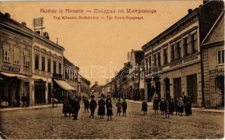 1909 Szávaszentdemeter, Mitrovice, Mitrovitz an der Save, Sremska Mitrovica; Trg Khuena Héderváry / Khuen-Héderváry tér, Takarékpénztár, üzletek. W. L. (?) 877. Kiadja M. Segher / square, savings bank, shops (EK)