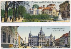1913 Graz, Opernhaus, Kaiser Josef II Denkmal, Herrengasse, Rathaus / opera house, statue, street, town hall - 2 mini postcards (14 cm x 4,5 cm)