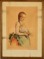 Prihoda István (1891-1956): Sokác kislány. Színezett rézkarc, papír, jelzett, üvegezett keretben, 37×26 cm