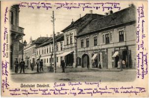 1905 Déva, utcakép,  Ihm János és Mahler Samu üzlete, Kávéház. Kroll Gyula kiadása / street view with shops, cafe