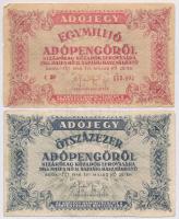 1946. 5db-os vegyes magyar adópengő bankjegy tétel, közte egy fordított címeres T:III,III-