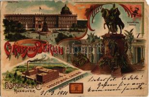1900 Berlin, Königl. Schloss, Kaiser Wilhelm Denkmal, B. Sprengel & Co. Union Chocolade, Cacao, Cakes / castle, monument, chocolate factory. Art Nouveau, floral, litho (EM)
