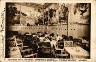 1934 Budapest VI. Hotel Britannia szálloda, nótásterem, belső, Prof. Haranghy munkái a falon (EB)