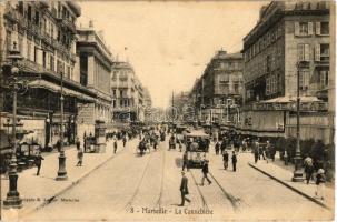 Marseille, La Cannebiere / street view with trams, cafe and shops