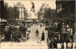 Paris, La Rue du Temple et la Place de la République / street view with omnibuses, monument