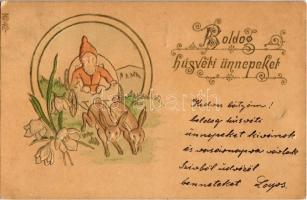 1901 Boldog Húsvéti Ünnepeket / Easter greeting art postcard, dwarf in egg cart drawn by rabbits. Emb.