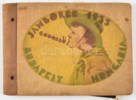 1933 Cserkész gyűjtemény: Gödöllő Jamboree Budapest Hungária feliratú szövet mappa, benne számos cserkész meghívóval, cserkész témájú reklámmal, rajzzal, nyomattal