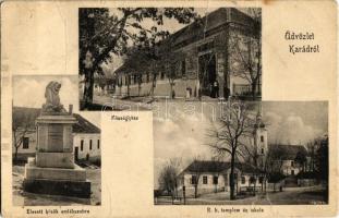 Karád, Községháza, Elesett hősök szobra, Római katolikus templom és iskola. Falus Dezső felvétele (fa)