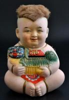 Gyermek nevető Buddha persely, ragasztott hajjal, kézzel festett, kopás nyomokkal, apró lepattanással, alján a dugó hiányzik, m: 18 cm