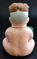 Gyermek nevető Buddha persely, ragasztott hajjal, kézzel festett, kopás nyomokkal, apró lepattanássa...