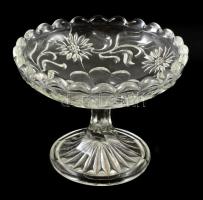 Virágmintás asztali üveg kínálótál, formába öntött, kis karcolásokkal, m: 11,5 cm