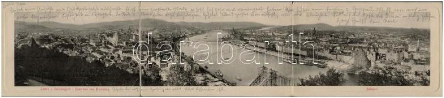 1902 Budapest, Látkép a Gellérthegyről, felállványozott, épülő Erzsébet híd. Kihajtható 3-részes panorámalap / foldable 3-tiled panoramacard