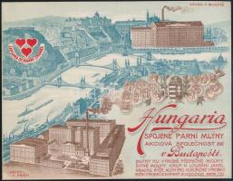 cca 1910 Hungária gőzmalmok Budapesten - szlovák nyelvű, litografált, rendkívül dekoratív karton reklámlap, Budapest látképpel, 16×20 cm