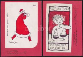 Tettamanti Béla (1946): 3 db humoros grafika Mikulás, erotika. Vegyes technika, Jelzett. 15x9, 14x7 cm