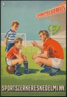 cca 1950 Sportszerkereskedelmi NV. focistákat ábrázoló reklámplakátja, szép állapotban, 24×16 cm