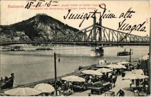 1908 Budapest, Duna, Ferenc József híd és Gellért-hegy, pesti rakparti piac. Taussig A. (EK)