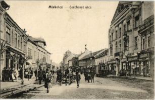 1917 Miskolc, Széchenyi utca, villamos, lovaskocsi, üzletek. Kiadja Grünwald Ignác