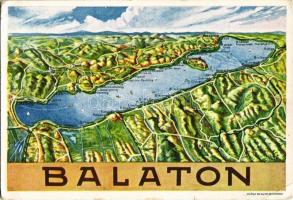 Balaton, térkép. Klösz Gy. és fia, A Duna-Száva-Adria Vasúttársaság kiadása, német turisztikai reklám a hátoldalon (EK)