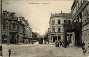 1908 Sopron, Erzsébet utca, Újhelyi ház, villamos