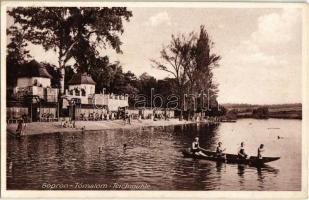 Sopron, Tómalom, strand, fürdőzők, evezős csónak. Kiadja Lobenwein Harald fotóműterme + 1928 Ebenfurt-Győr vonat pecsét