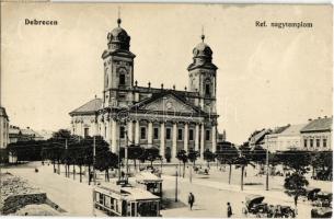 1916 Debrecen, Református nagytemplom, villamosok, hintók