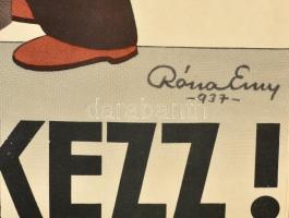 1937 Róna Emy (1904-1988): Baleset ellen védekezz. Art deco  ofszet plakát, restaurált, hajtott,  pa...